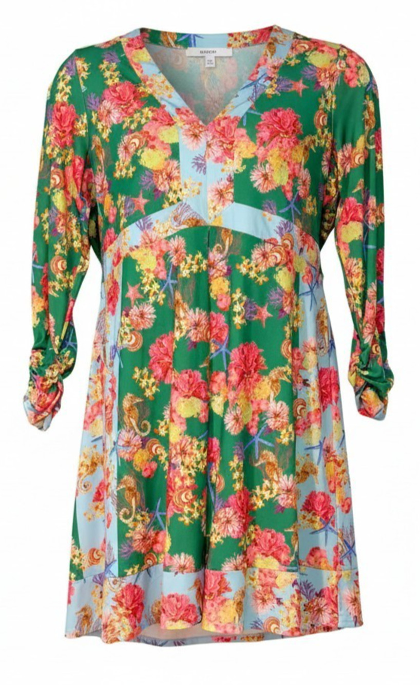 Hale Bob Sz XL Yetti Tunic Mini Dress Jersey Knit Seahorse & Floral Print Green